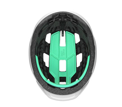 Close-up of a Lazer Cerro helmet interior with green padding on a white background