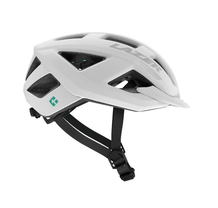 White Lazer Cerro helmet with black straps on a white background