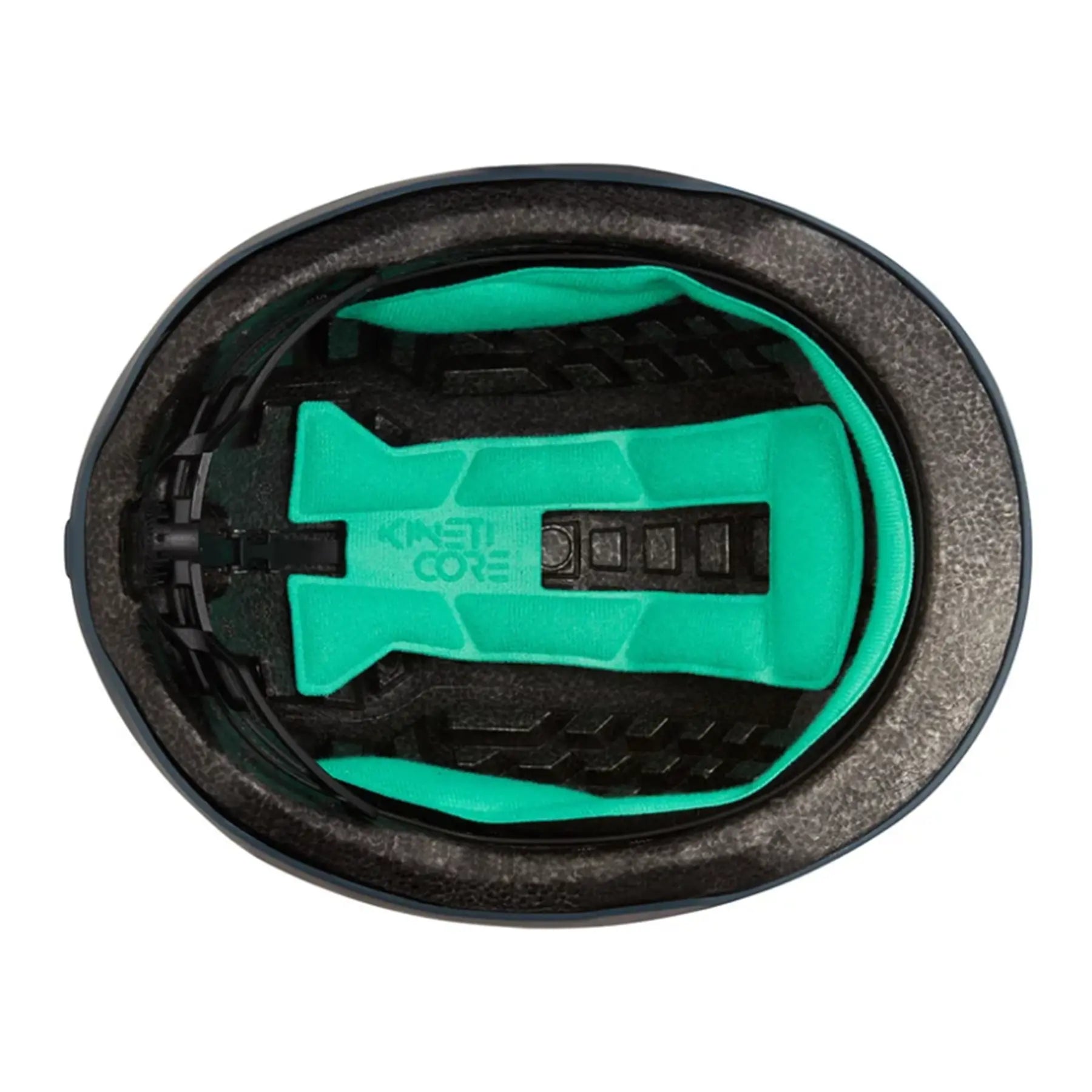 Inside view of the Lazer Cityzen Kineticore Helmet Matte in Livid , a dark grey tone, with bright green padding, against a white background.