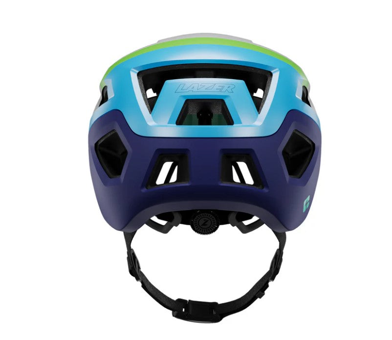 Back view of a Lazer Coyote helmet with green, light blue and navy stripes. 
