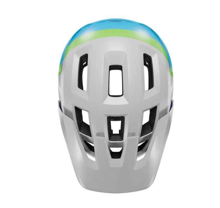 Top view of a multi-colored Lazer Coyote  white helmet with blue and green accents on a white background