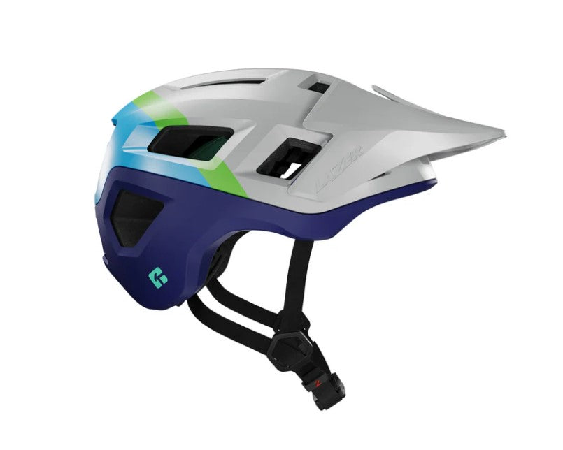 Multicolored Lazer Coyote helmet with blue and white design on a white background