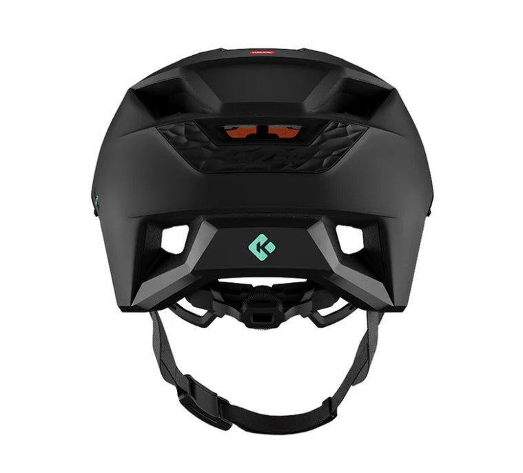 Back view of black Lazer Impala helmet with a brand logo on a white background