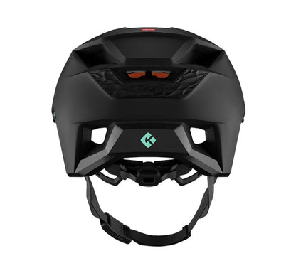 Back view of black Lazer Impala helmet with a brand logo on a white background