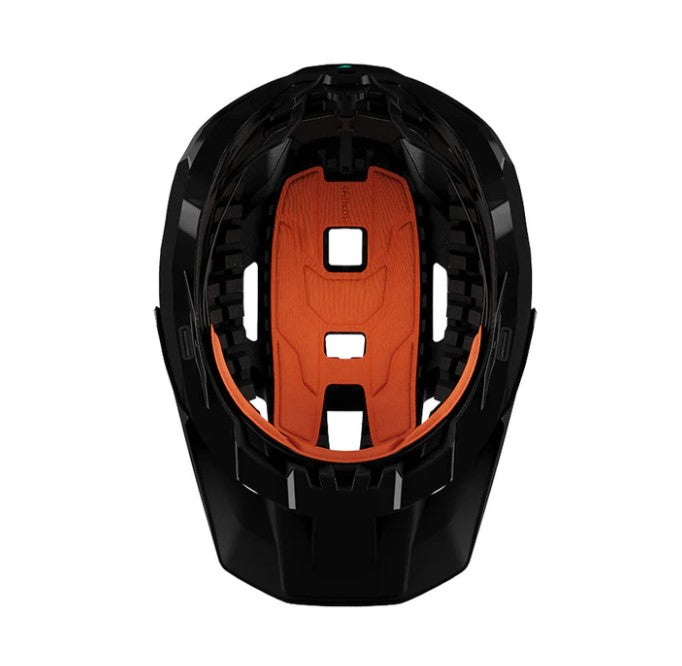 Interior view of a black Lazer Impala helmet with black foam and orange padding on a white background