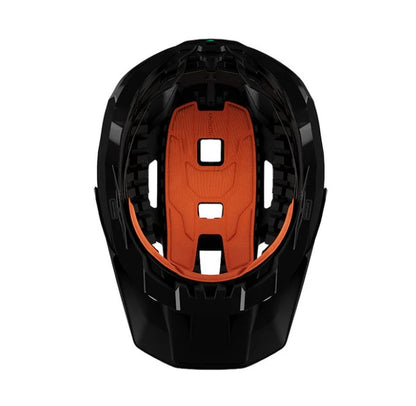 Interior view of a black Lazer Impala helmet with black foam and orange padding on a white background