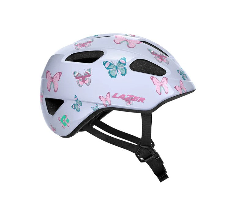 Children's Lazer Nutz Kineticore helmet with butterfly pattern on a white background.