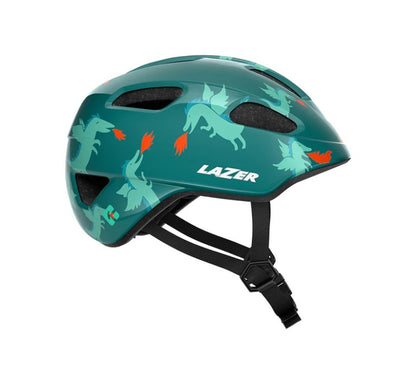 Green Lazer Nutz Kineticore helmet with dragon pattern and Lazer branding on a white background.