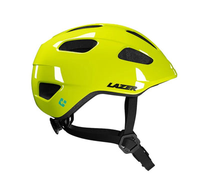 Yellow Lazer Nutz Kineticore youth helmet with black straps on a white background.