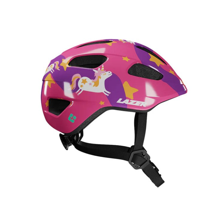 Pink and purple Lazer Pnut children's helmet with unicorn design on a white background.