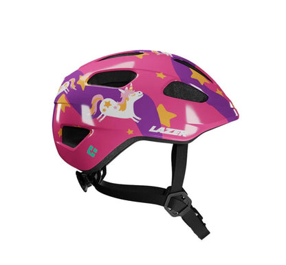 Pink and purple Lazer Pnut children's helmet with unicorn design on a white background.