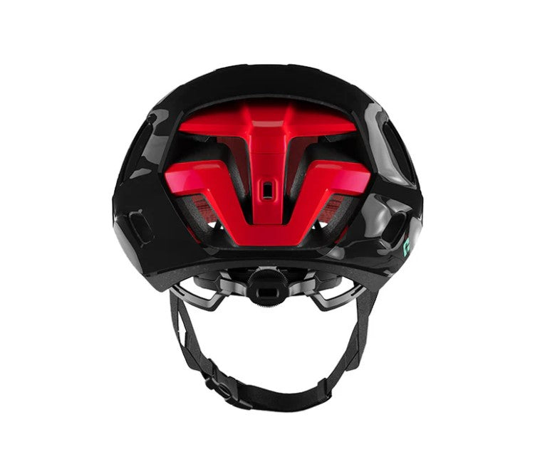Back view of a black and red Lazer Sphere helmet on a white background