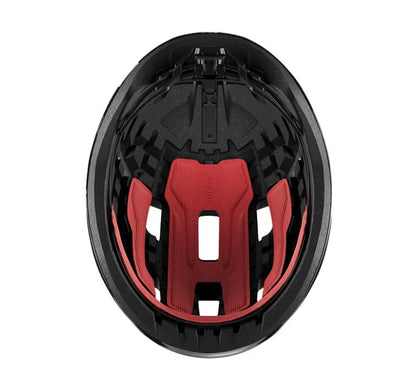 Interior view of a Lazer Sphere helmet with black foam and red padding. 