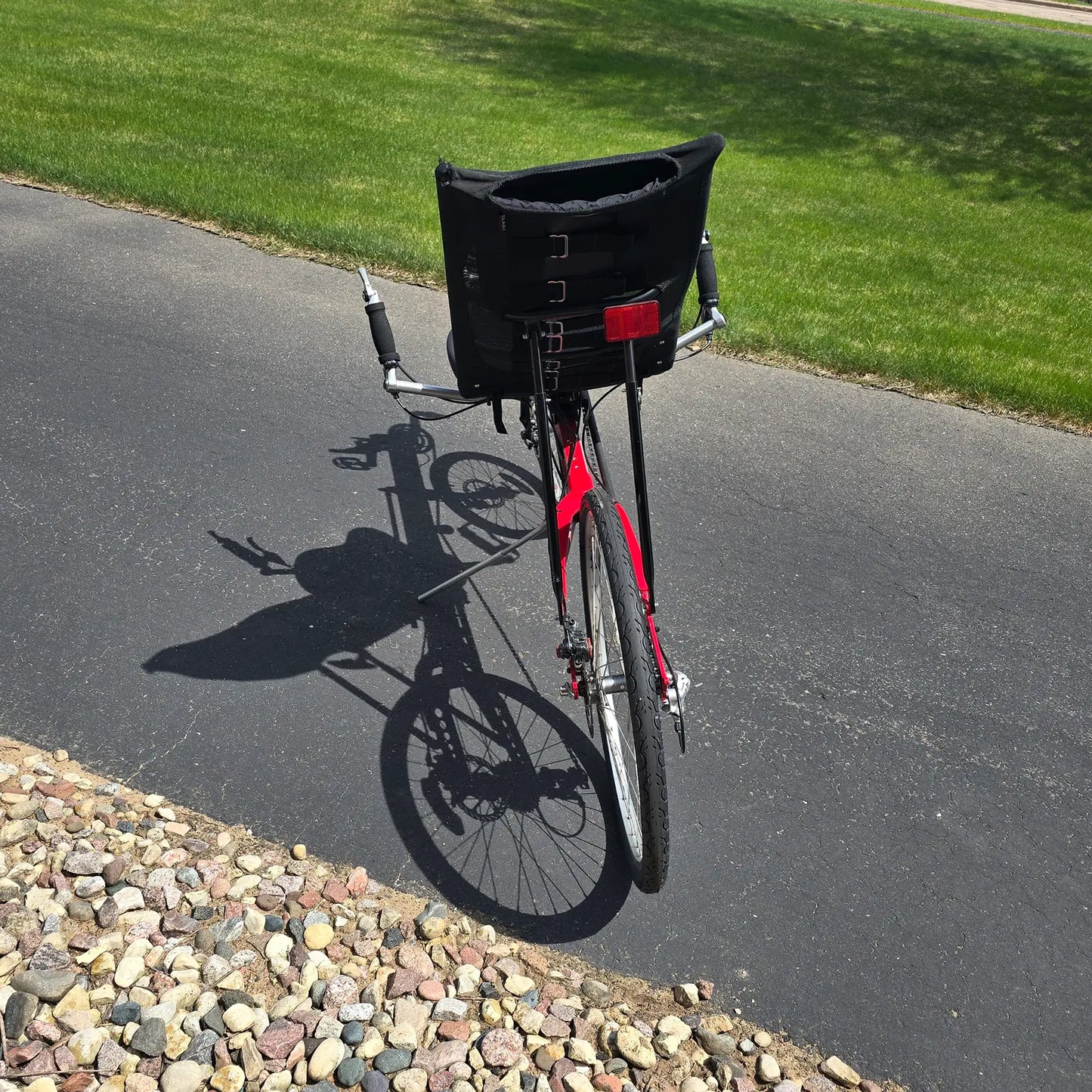 Rear view of the Linear Used Red Recumbent Bike in an outdoor setting.