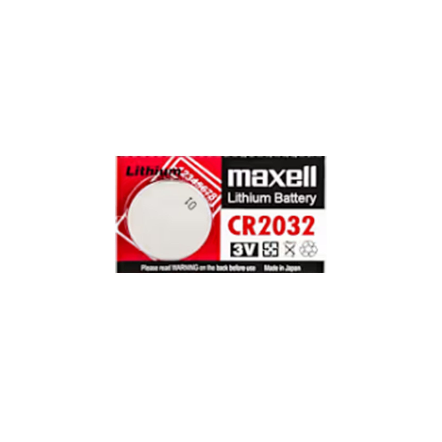 Maxell CR2032 lithium battery packaging against a white background.
