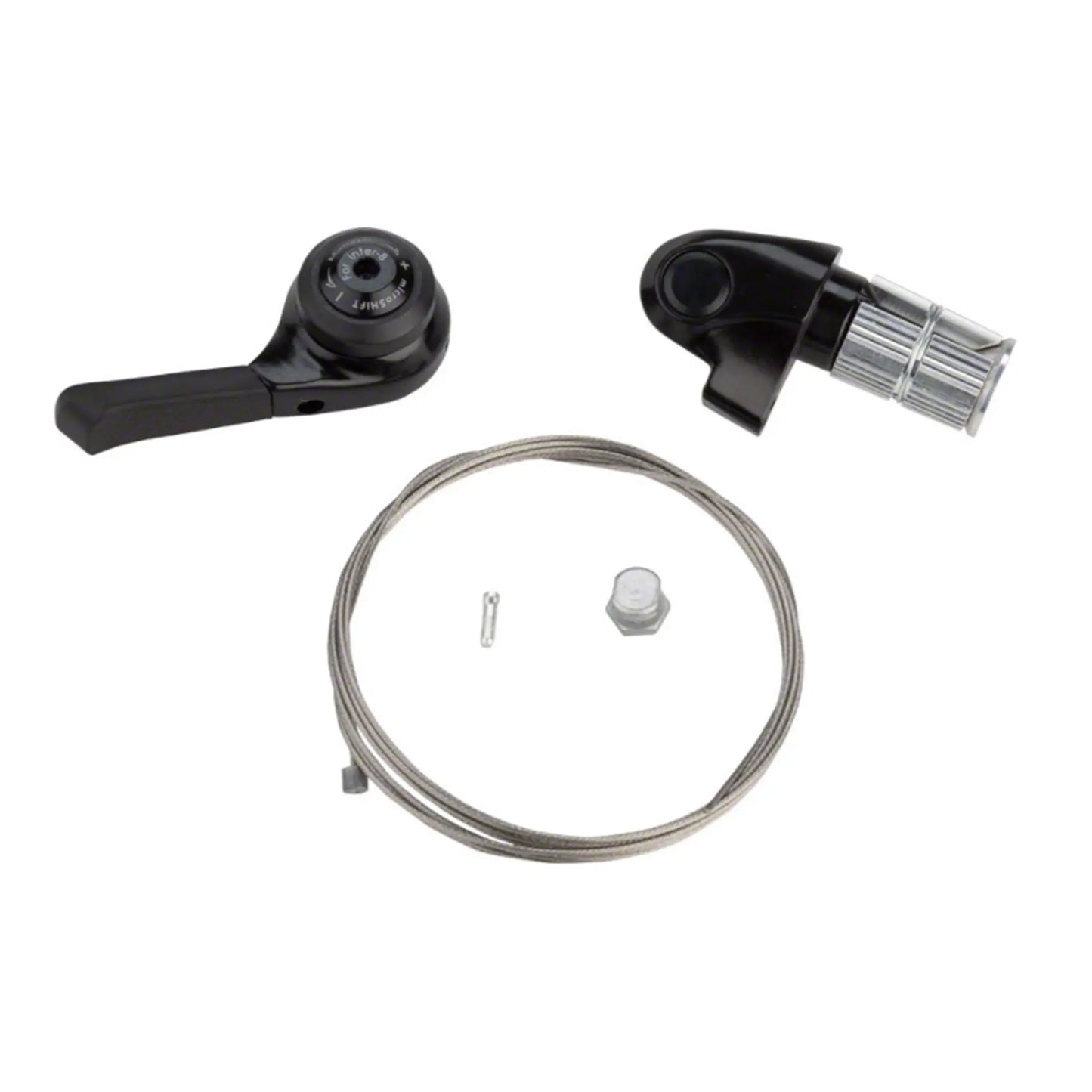 View of both halves of the black microSHIFT Shimano Alfine 8 Speed Internal Gear Bar End Shifter with a shift cable, cable end and bolt against a white background.