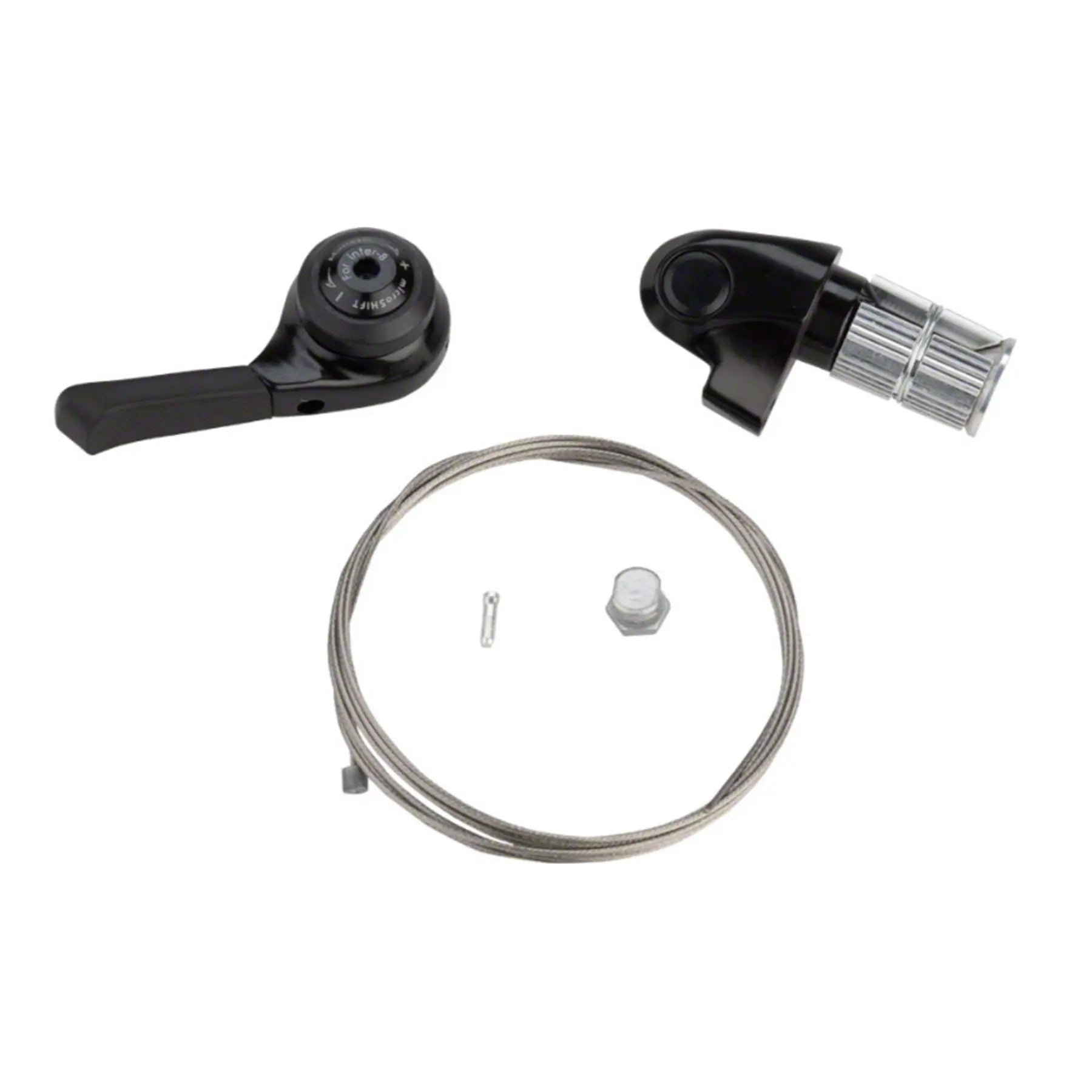 View of both halves of the black microSHIFT Shimano Alfine 8 Speed Internal Gear Bar End Shifter with a shift cable, cable end and bolt against a white background.