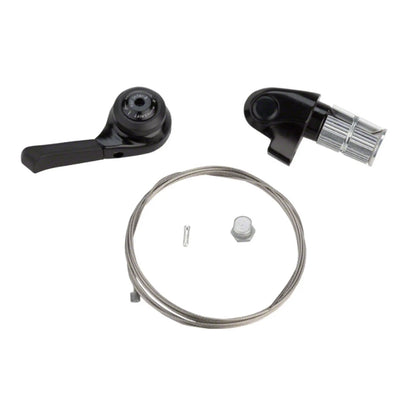 View of both halves of the black microSHIFT Shimano Alfine 8 Speed Internal Gear Bar End Shifter with a shift cable, cable end and bolt against a white background.