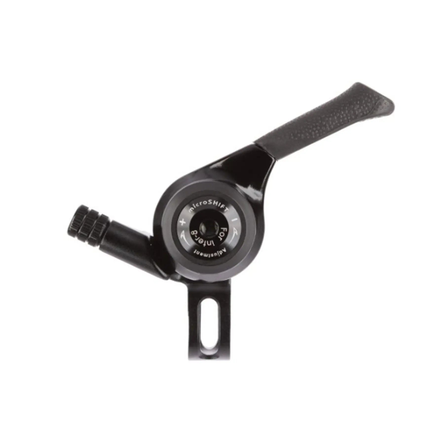 Side view of the black microSHIFT Shimano Alfine 8 Speed Internal Gear Bar End Shifter against a white background.
