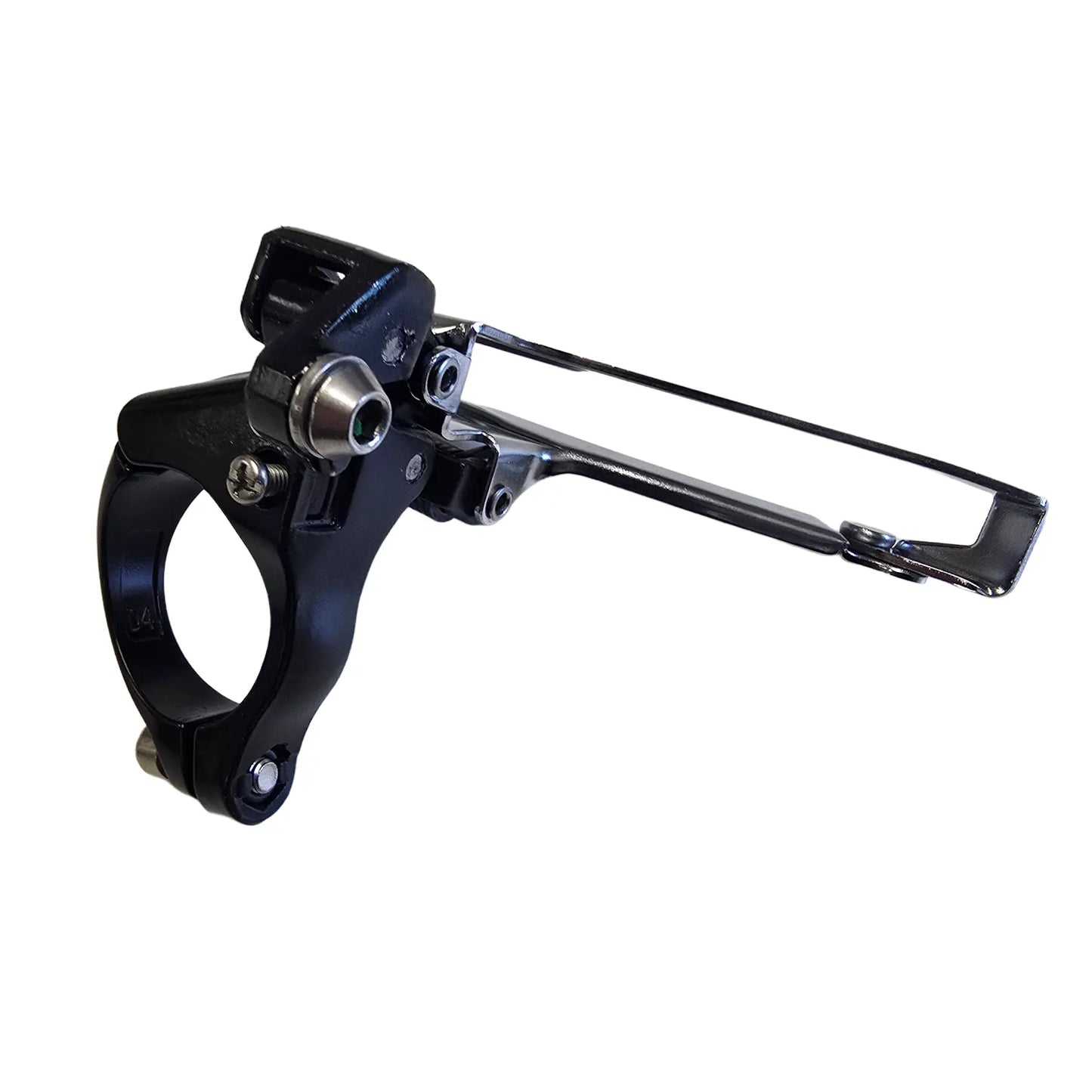 Top view of the microShift Take Off R10 2 x 10 Speed Bottom Swing Down Pull Front Derailleur against a white background.
