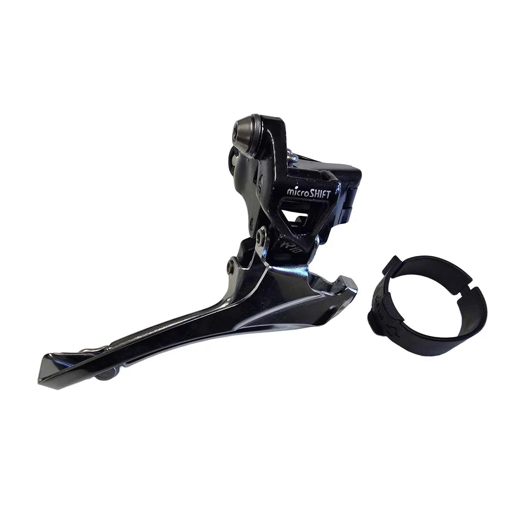 Front view of the microShift Take Off R10 2 x 10 Speed Bottom Swing Down Pull Front Derailleur with shim against a white background.