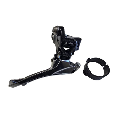 Front view of the microShift Take Off R10 2 x 10 Speed Bottom Swing Down Pull Front Derailleur with shim against a white background.