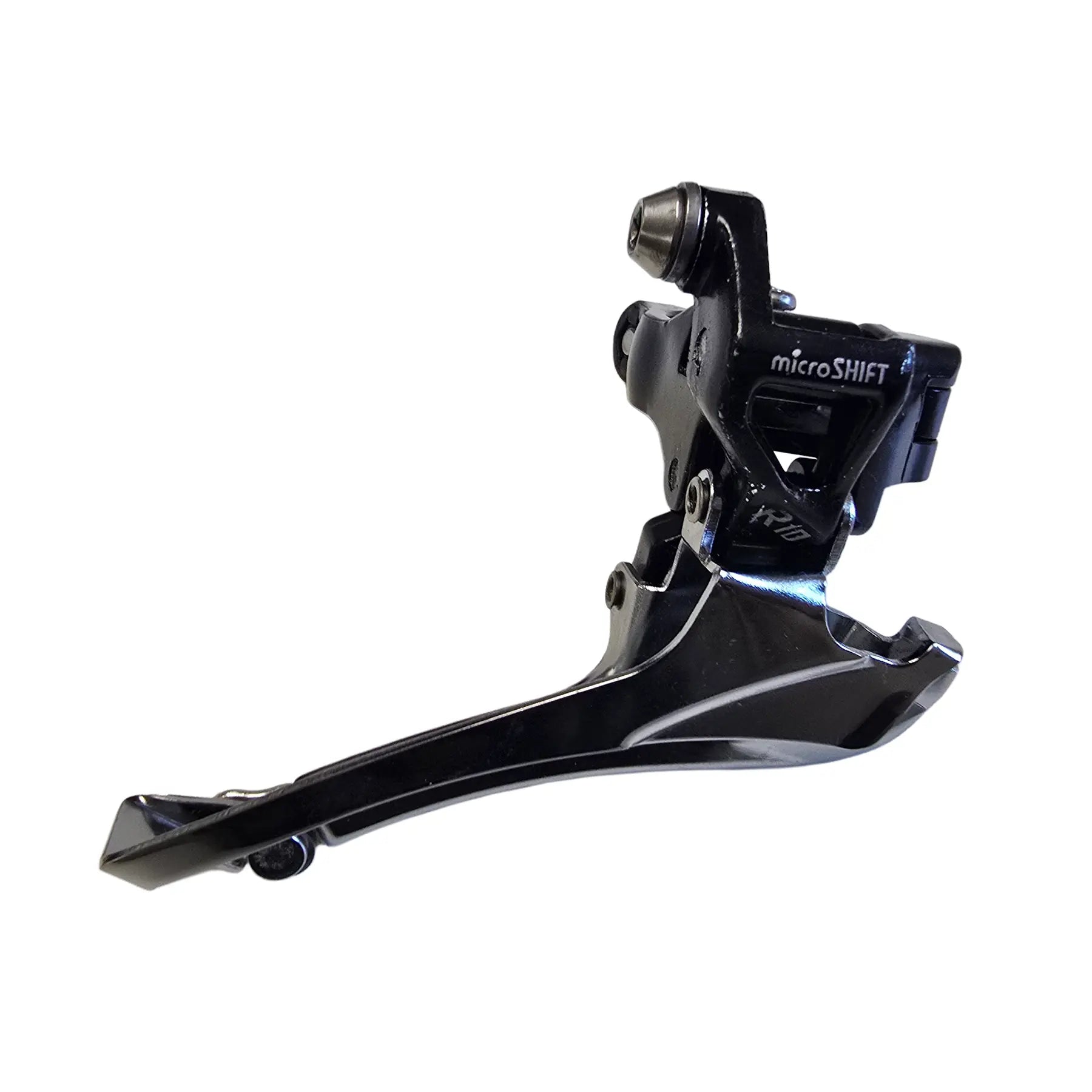 Front view of the microShift Take Off R10 2 x 10 Speed Bottom Swing Down Pull Front Derailleur against a white background.