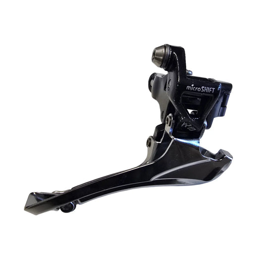 Front view of the microShift Take Off R10 2 x 10 Speed Bottom Swing Down Pull Front Derailleur against a white background.