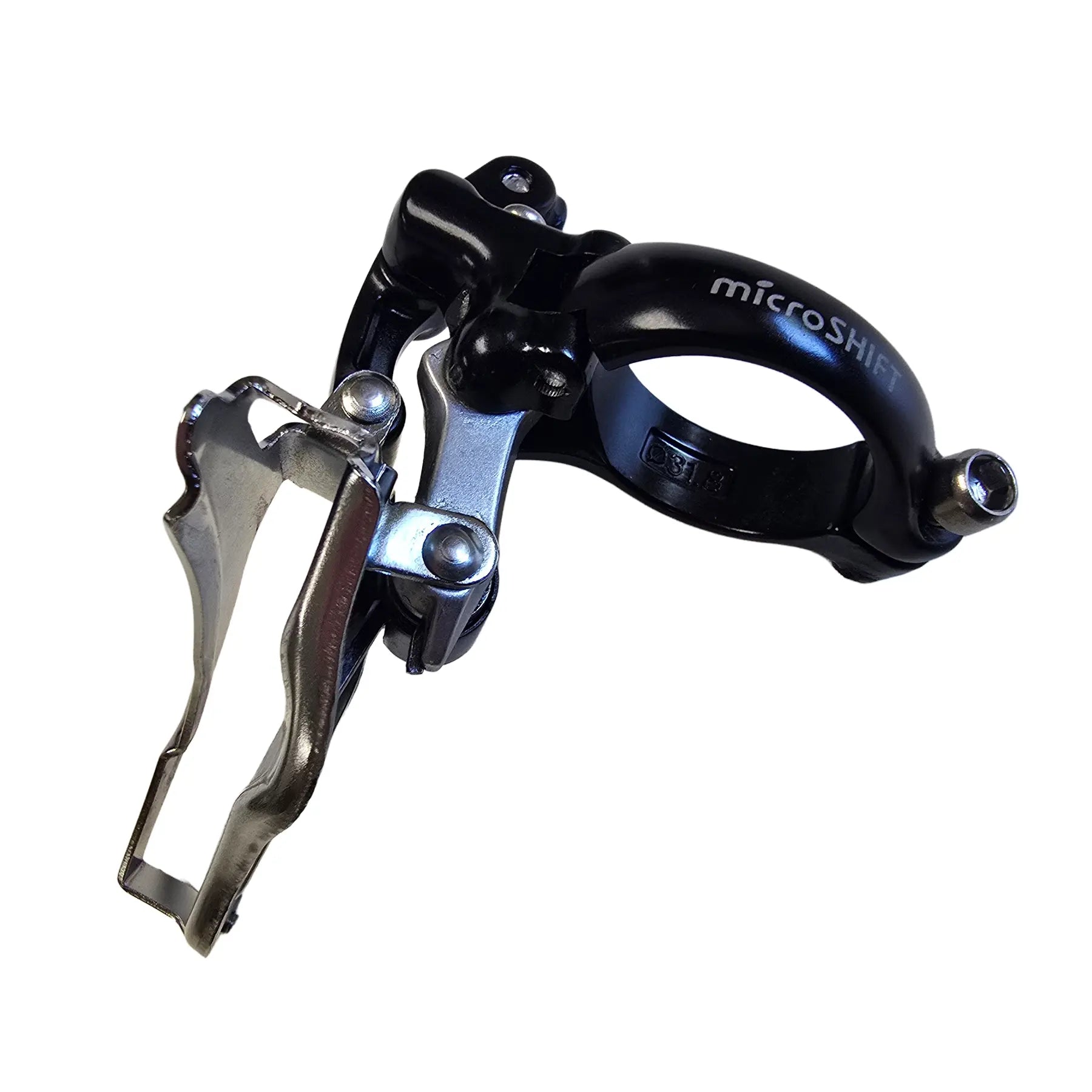 Side view of the MicroShift Take Off Triple Road Front Derailleur against a white background.