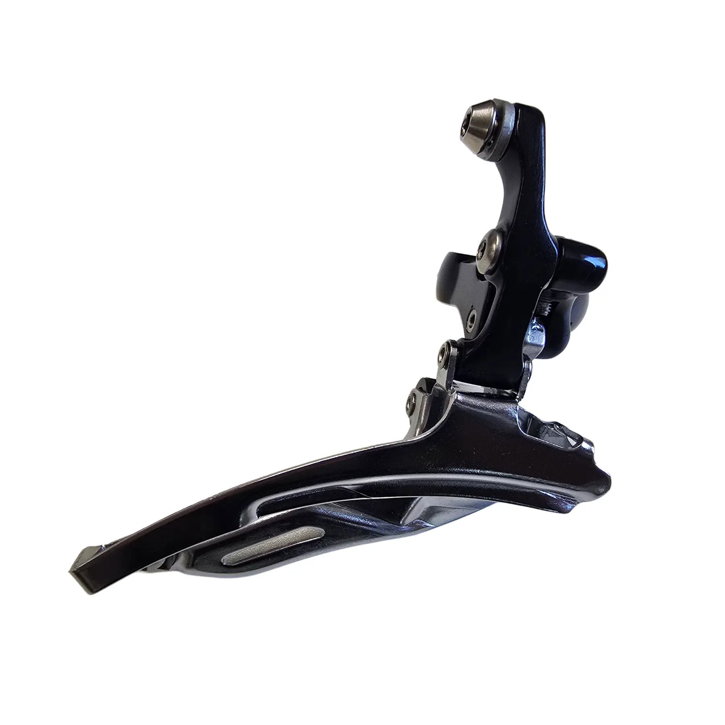 Front view of the MicroShift Take Off Triple Road Front Derailleur against a white background.