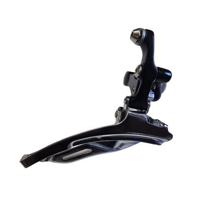 Front view of the MicroShift Take Off Triple Road Front Derailleur against a white background.