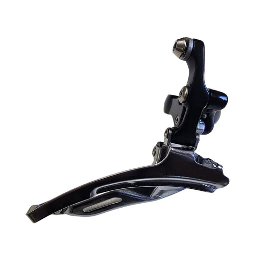 Front view of the MicroShift Take Off Triple Road Front Derailleur against a white background.