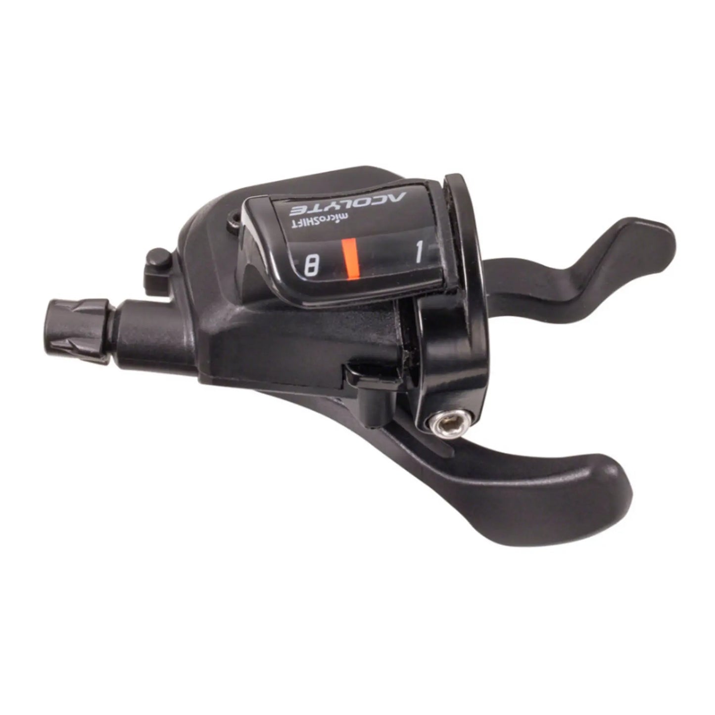 Top view of the microSHIFT Acolyte Xpress 8 Speed Black Right Trigger Shifter against a white background.