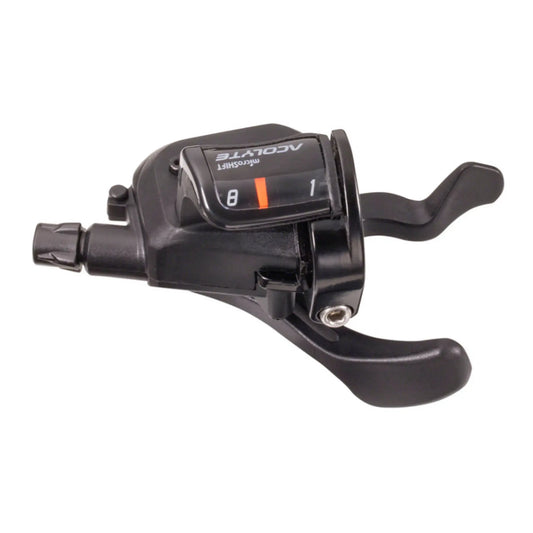 Top view of the microSHIFT Acolyte Xpress 8 Speed Black Right Trigger Shifter against a white background.