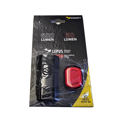 Image of the Moon Lepus C1 600 Lumen Headlight and Orion 50 Lumen Taillight Combo Set in black and yellow packaging against a white background.
