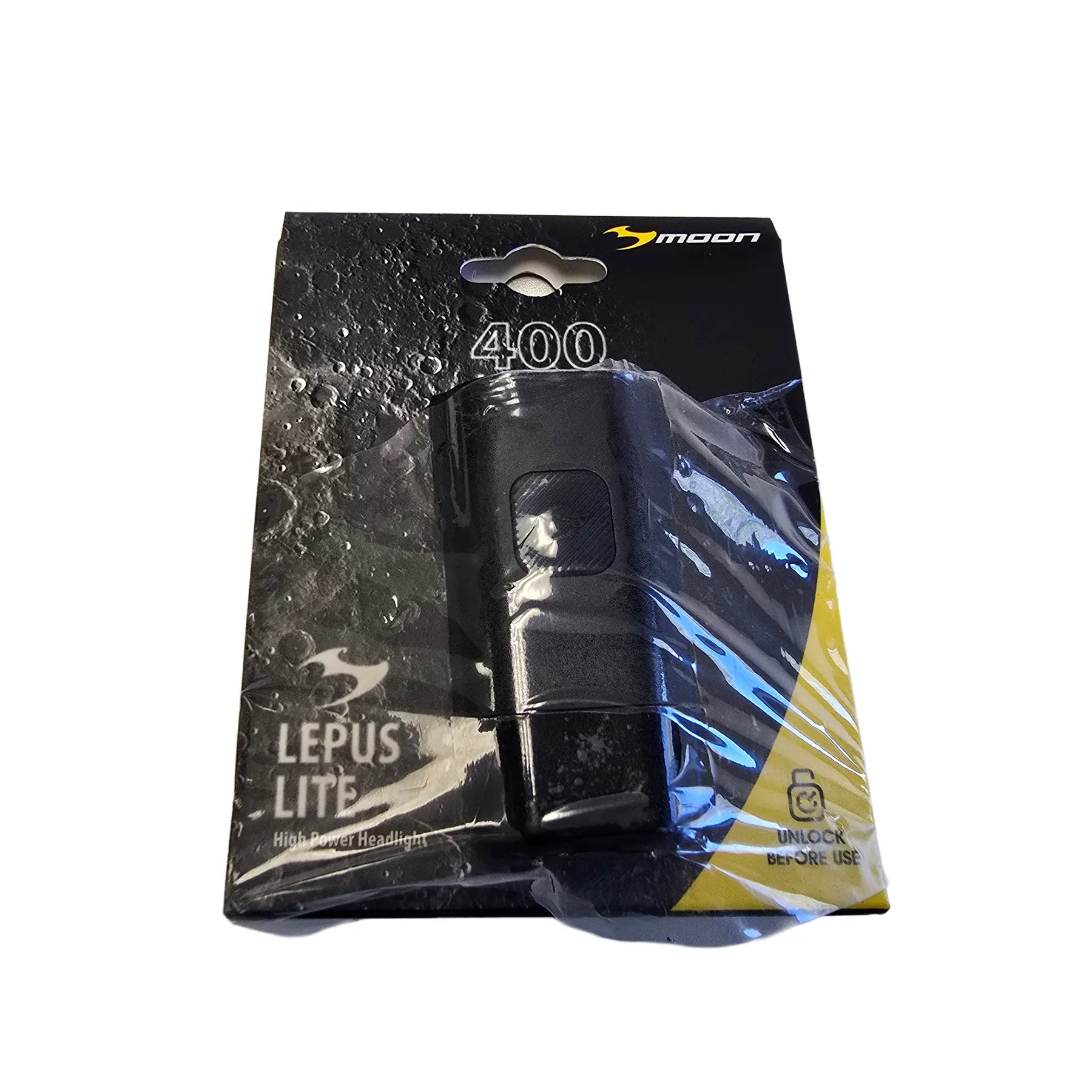 Image of the Moon Lepus Lite 400 Lumen Headlight in black and yellow packaging against a white background.
