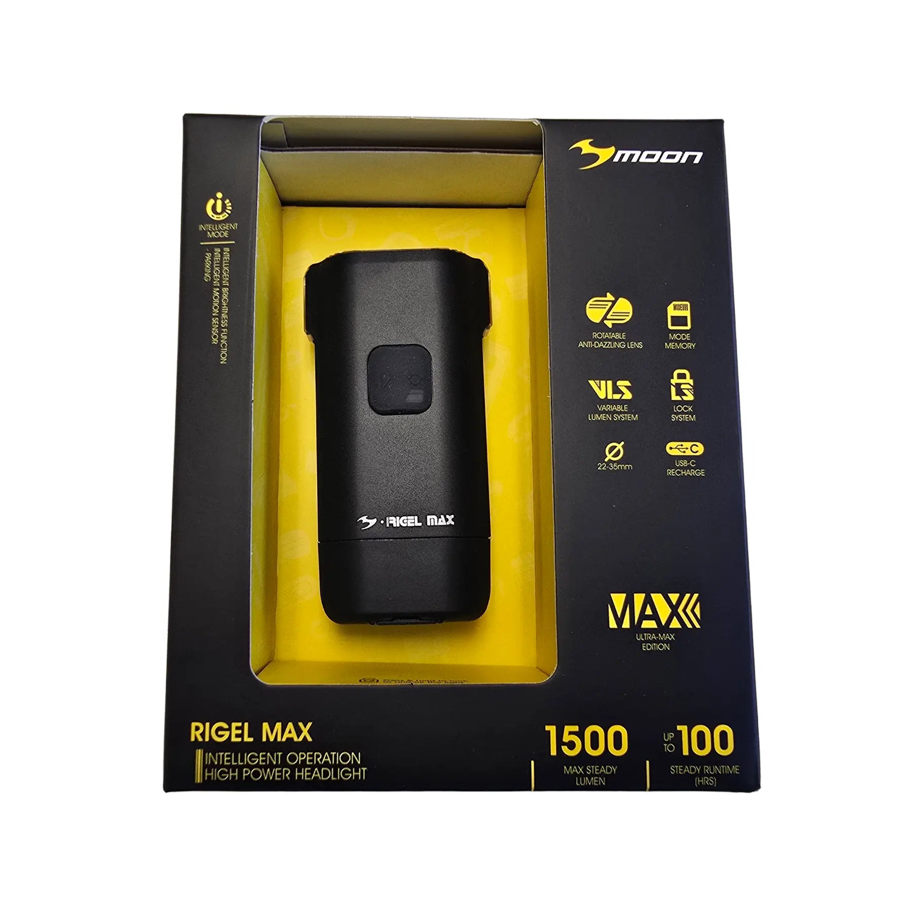 Image of the Moon Rigel Max 1500 Lumen Headlight in a black and yellow box against a white background.