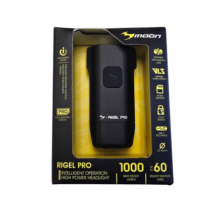Image of the Moon Rigel Pro 1000 Lumen Headlight in a black and yellow box against a white background.
