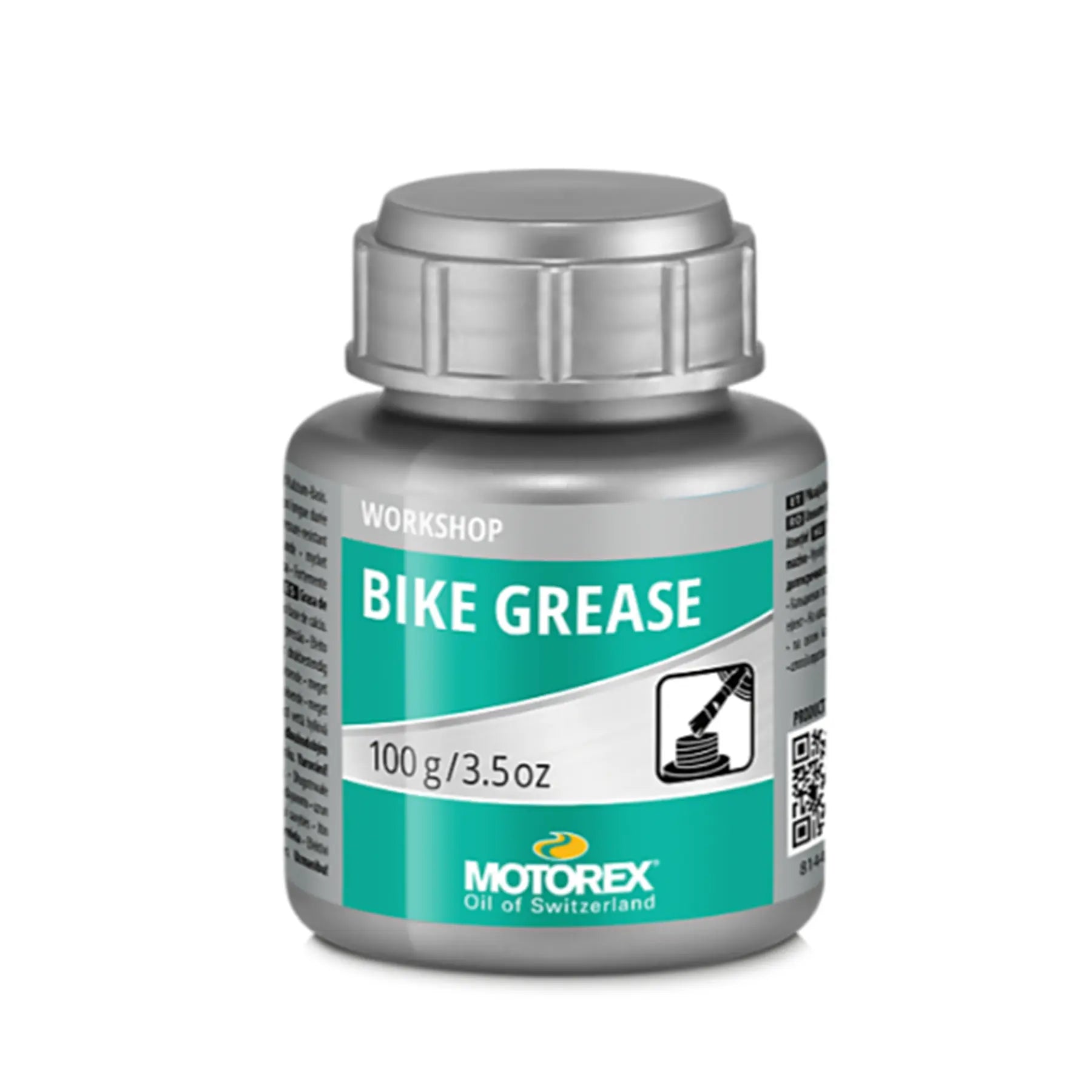 Image of a jar of Motorex Bike Grease 100 grams in silver and green against a white background.