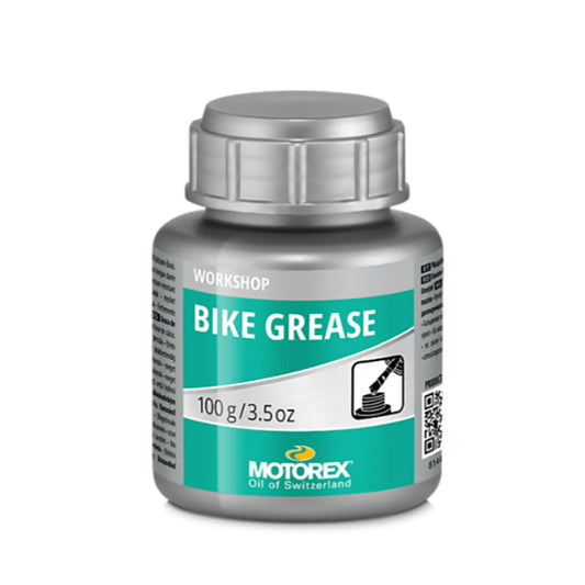 Image of a jar of Motorex Bike Grease 100 grams in silver and green against a white background.