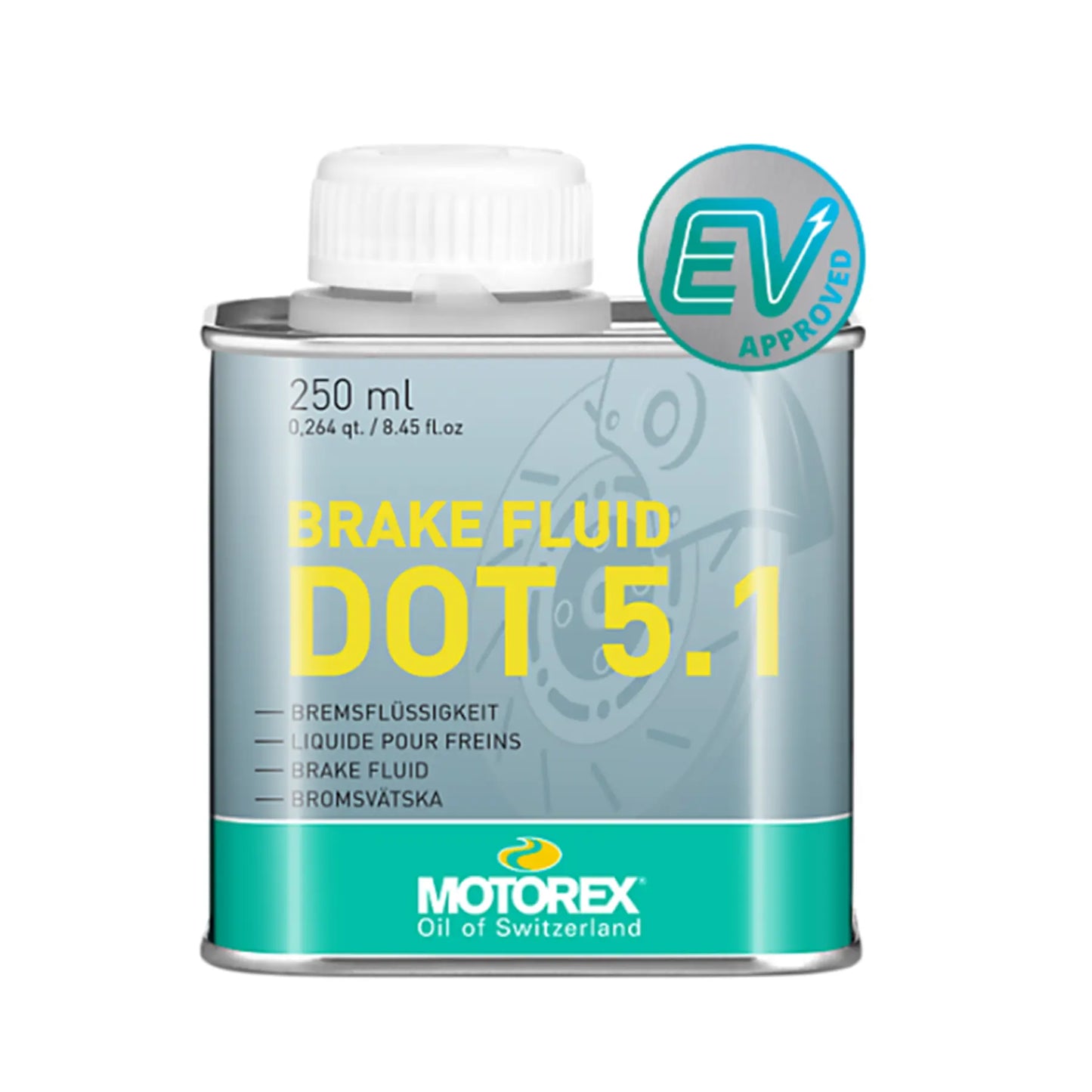 Image of a Motorex Brake Fluid Dot 5.1 250ml container in silver and green against a white background.