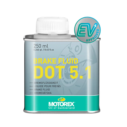 Image of a Motorex Brake Fluid Dot 5.1 250ml container in silver and green against a white background.