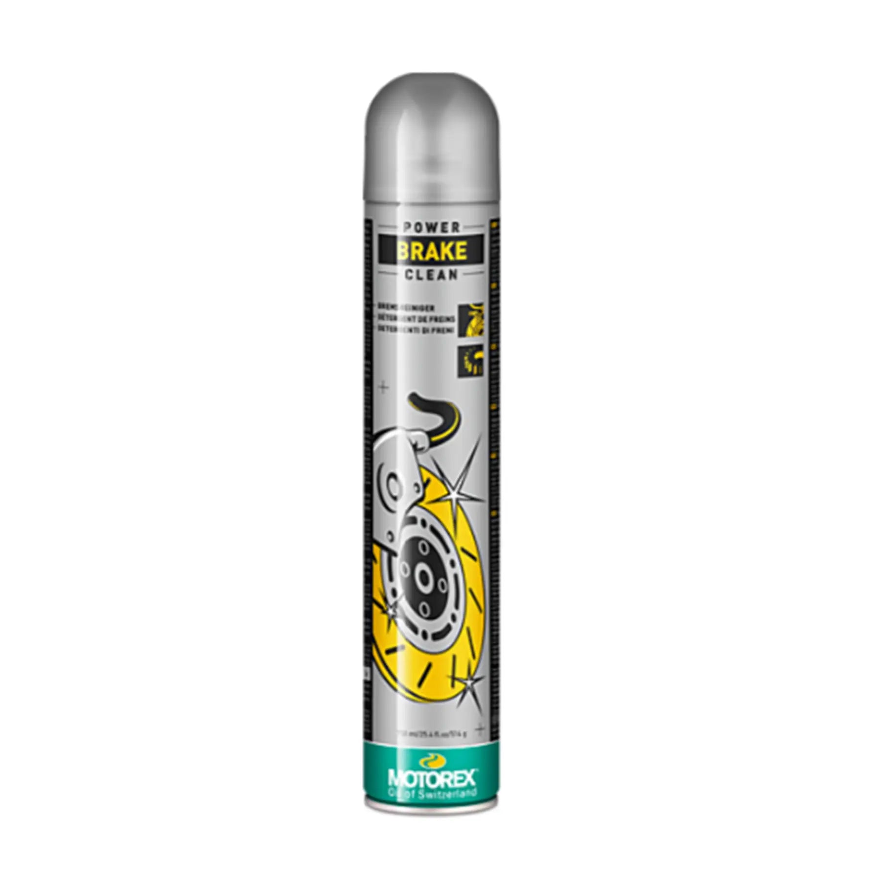 Can of Motorex Power Brake Clean Spray 750ml in silver, yellow and green against a white background.