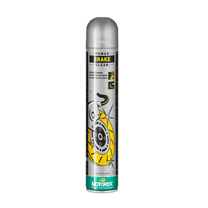 Can of Motorex Power Brake Clean Spray 750ml in silver, yellow and green against a white background.