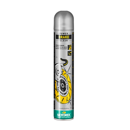 Can of Motorex Power Brake Clean Spray 750ml in silver, yellow and green against a white background.