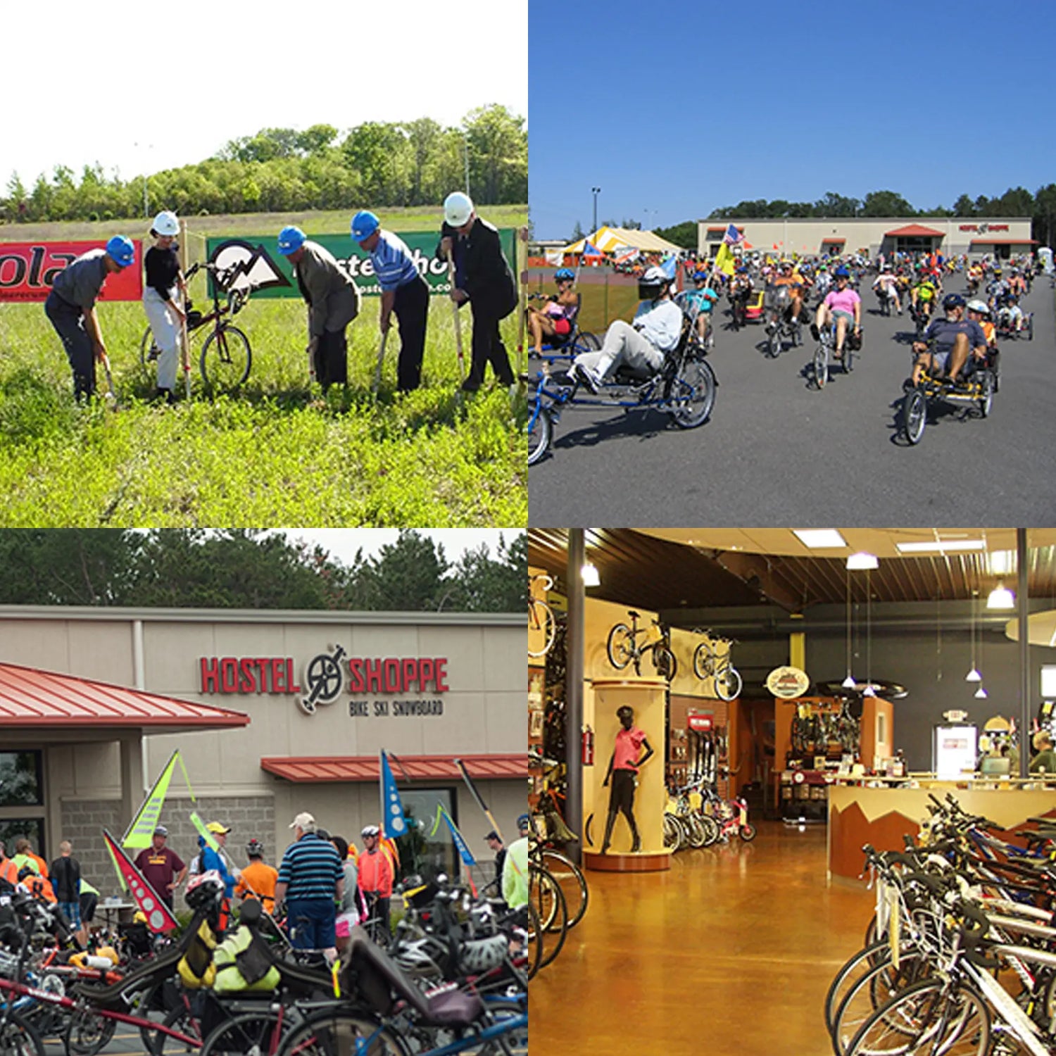 Collage of four images showing people with bicycles in different settings.