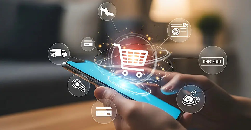 Hand holding a smartphone with shopping cart and icons on a blurred background.