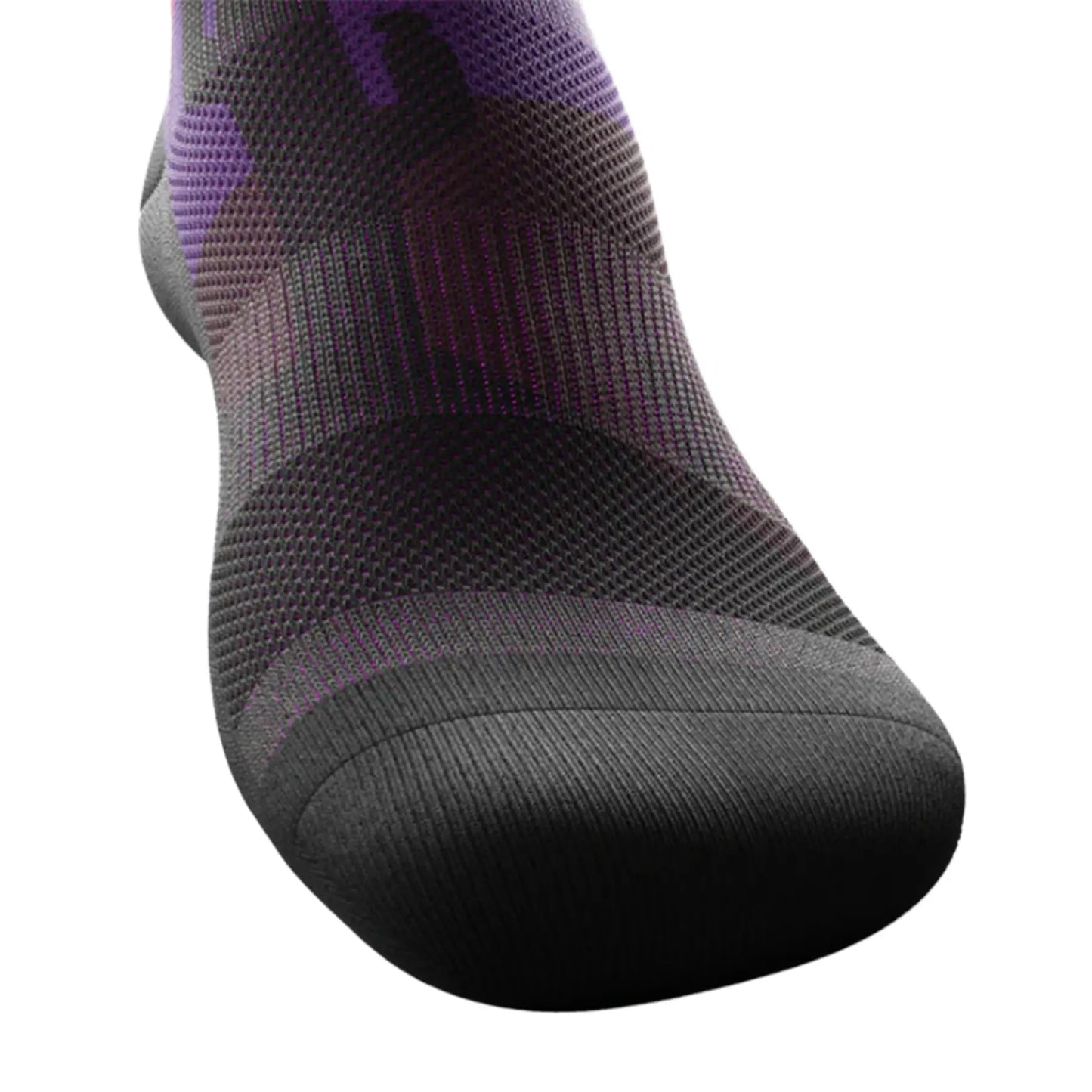 The Outway Dune Crew Socks feature a desert landscape with cactus in pinks, purples and orange, with a blue sky and a yellow sun, while the bottom of the sock is black.