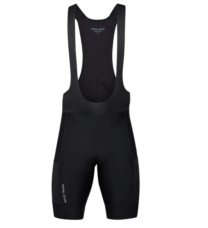 Front view of Pearl Izumi Expedition black cycling bib shorts on a white background.