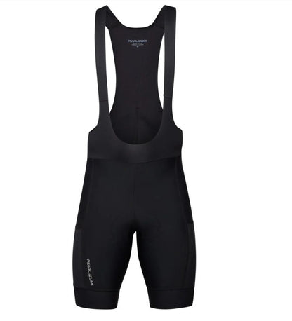 Front view of Pearl Izumi Expedition black cycling bib shorts on a white background.